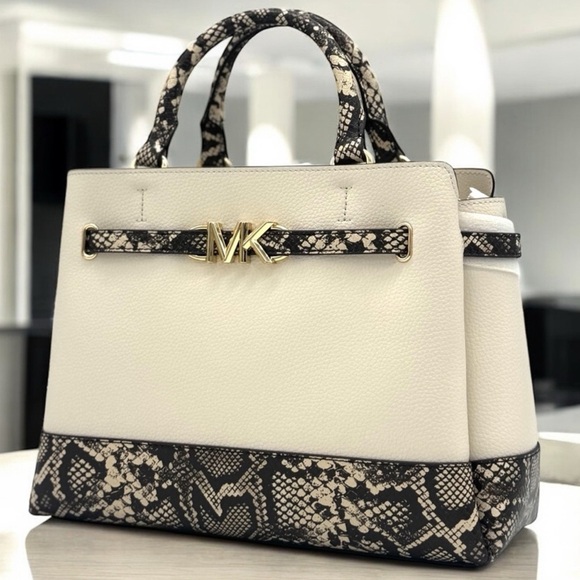 Michael Kors Large Reed CZ Belted Satchel Bag Light Cream Multi - Picture 1 of 12